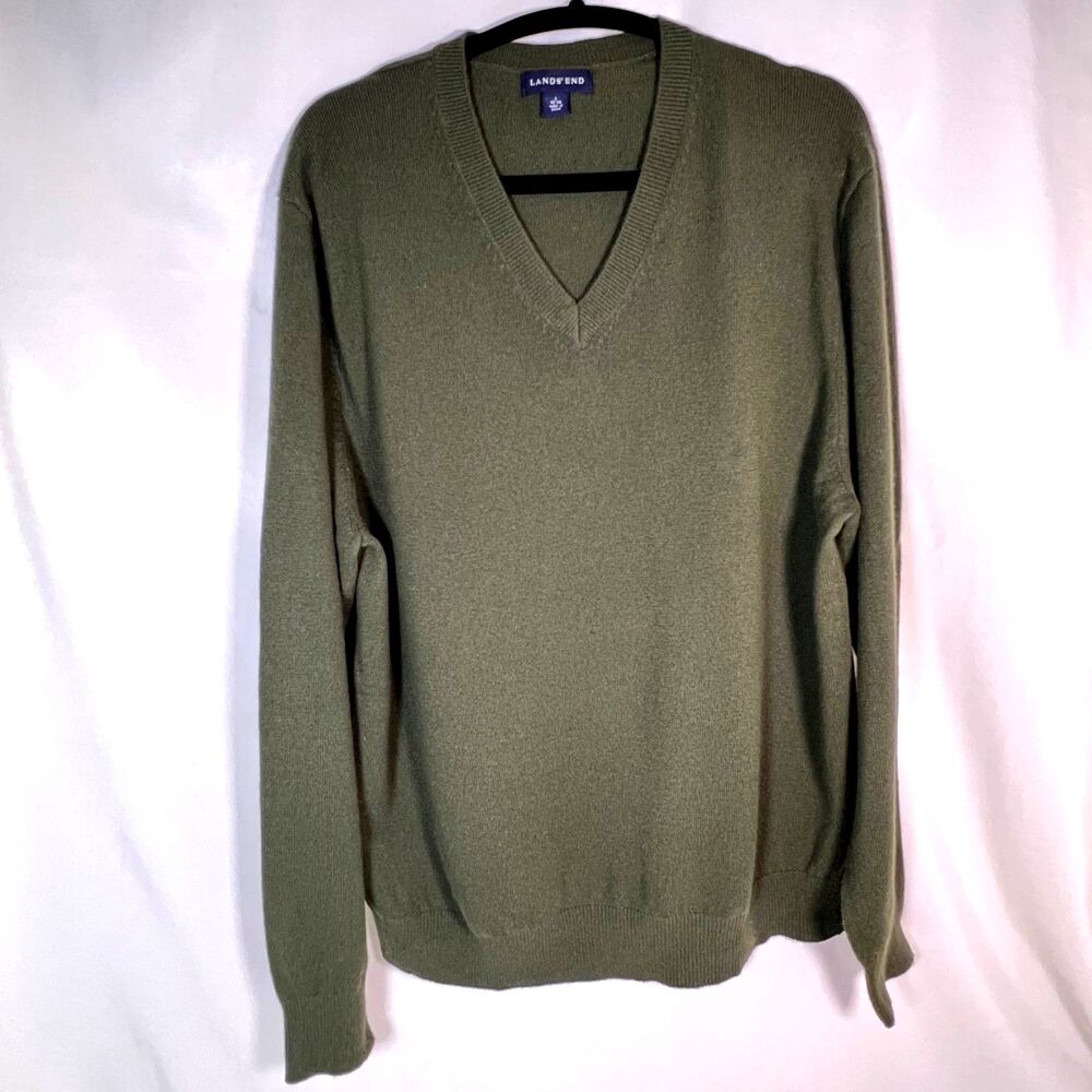 Lands' End Men Green 100% Cashmere V Neck Sweater Sz L Ribbed Hem Cabincore